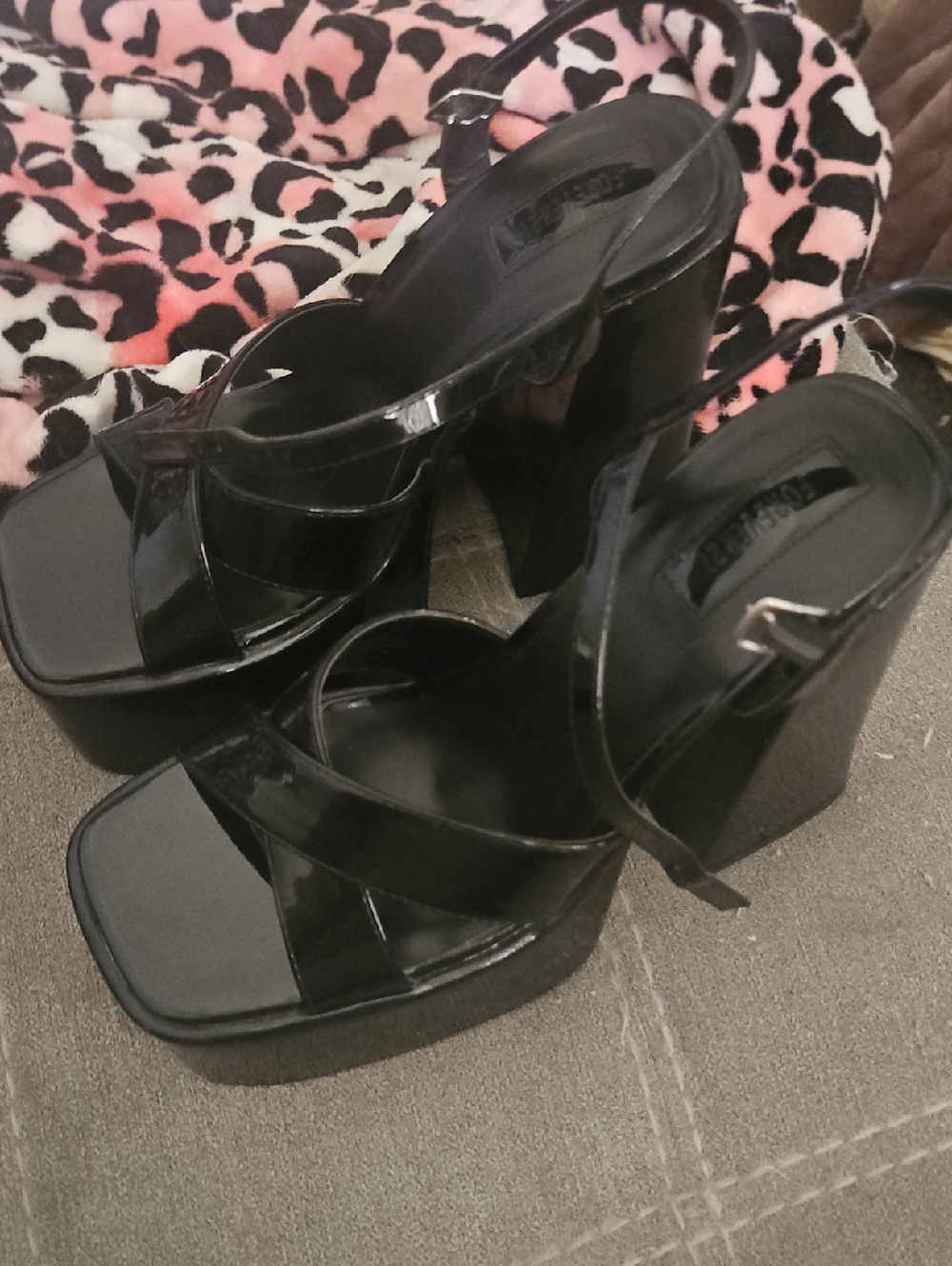 Brand New Forever 21 Black Patent Platform Block Heel Sandals